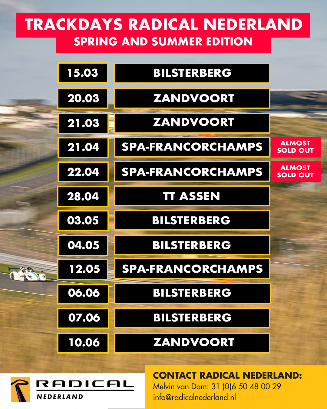 2025 Radical trackday calendar